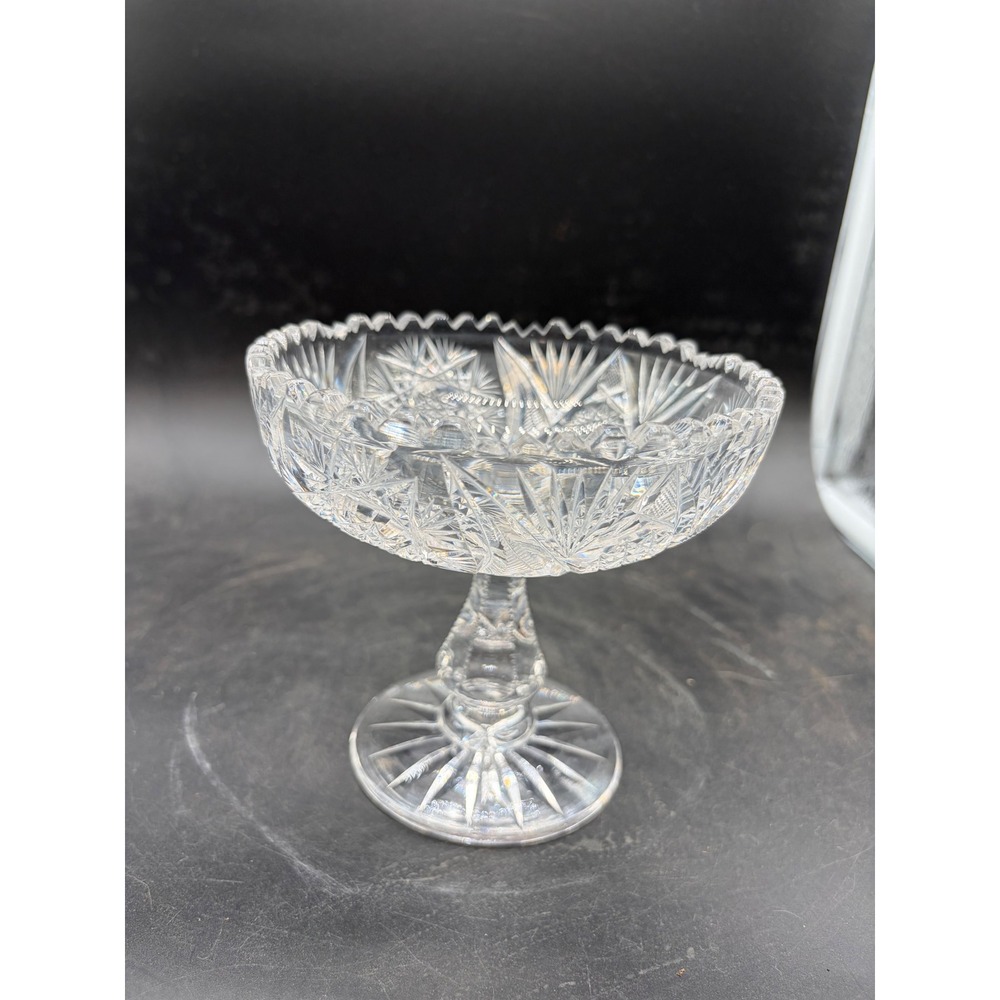 Vintage American Brilliant Cut Glass Pedestal Bowl Hobstar Sawtooth Rim Compote